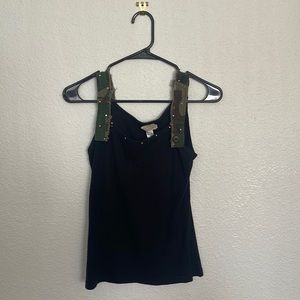 Women’s Jeweled Camo-Jean-Strapped Black Tank